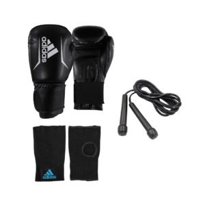 KIT DE BOXEO ADULTO BLACK WHITE 14 OZ GUANTES INNER GLOVES Y SOGA SALTAR